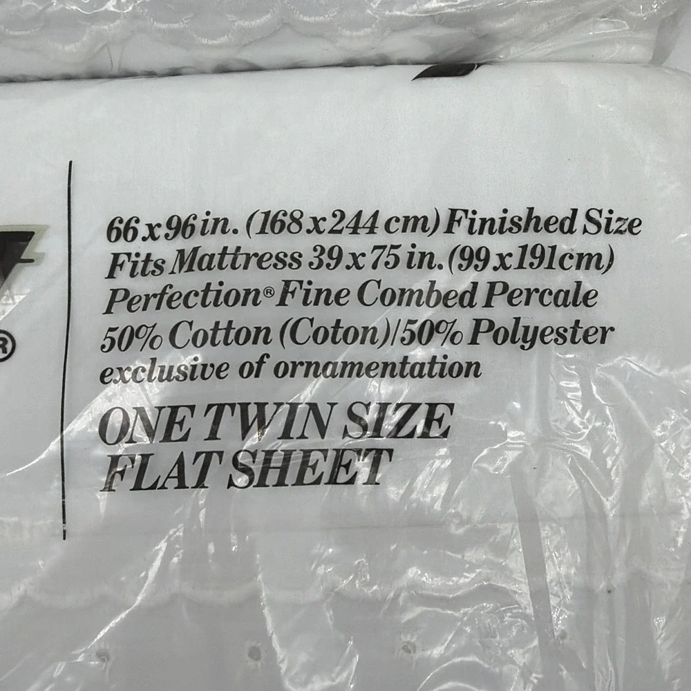 2- Fieldcrest no-iron percale white twin-size flat bed sheet eyelet trim lace